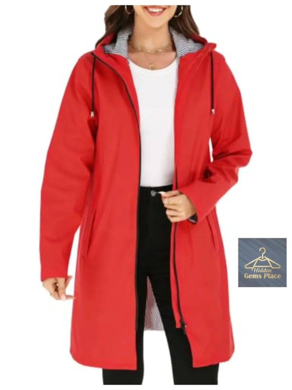 Women's Waterproof Long Raincoat PU Windbreaker Hooded Jacket